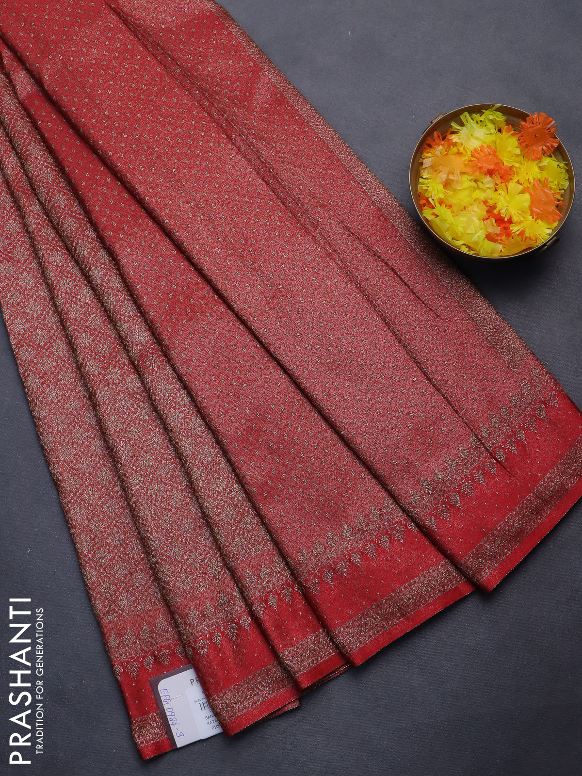 Banarasi semi silk saree red with allover thread & zari weaves and woven border