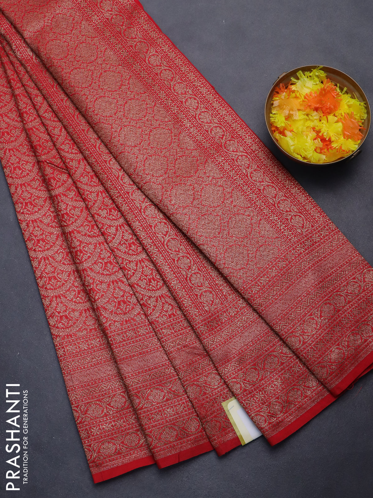 Banarasi semi silk saree red with allover thread & zari weaves and woven border