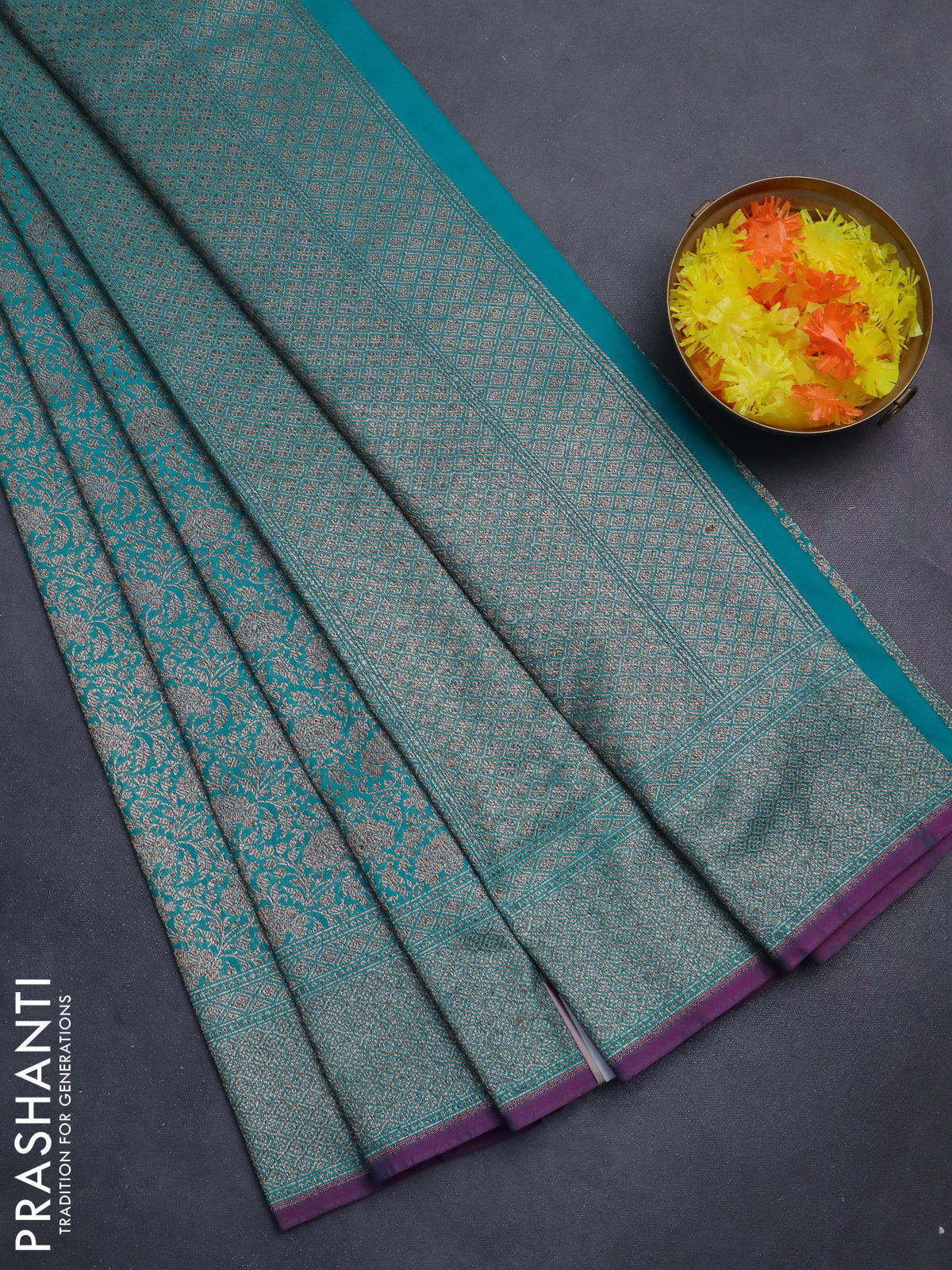 Banarasi semi silk saree teal green with allover thread & zari weaves and woven border