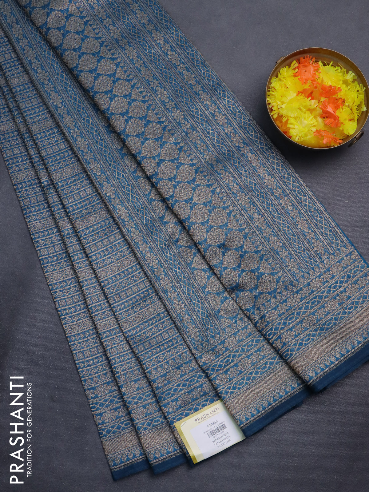 Banarasi semi silk saree peacock blue with allover thread & zari weaves and woven border