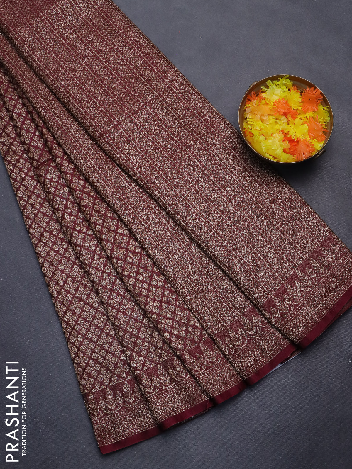 Banarasi semi silk saree maroon with allover thread & zari weaves and woven border