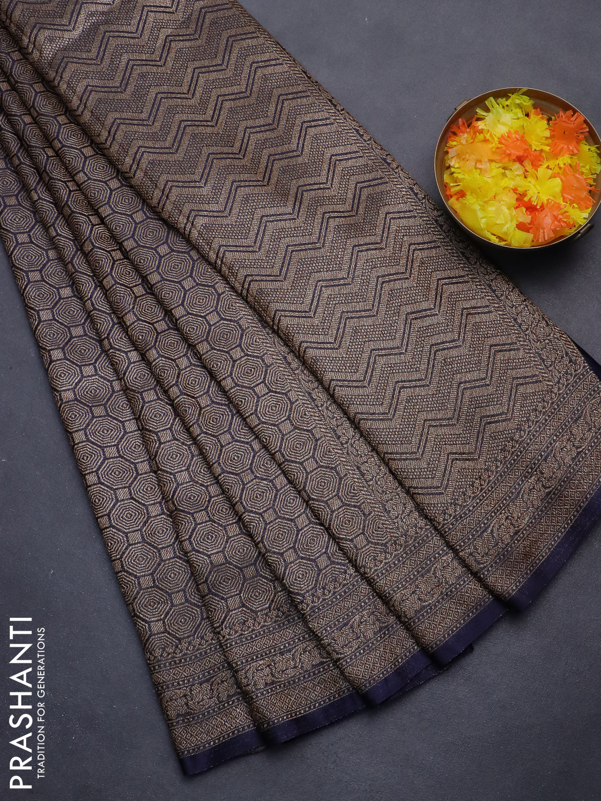 Banarasi semi silk saree navy blue with allover thread & zari weaves and woven border