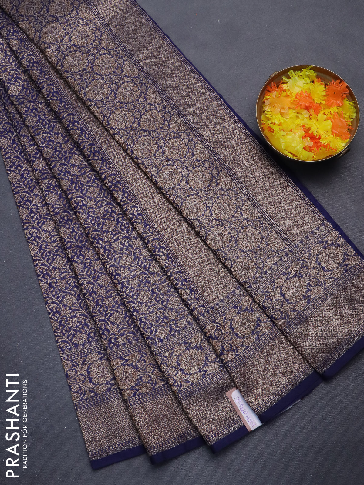 Banarasi semi silk saree navy blue with allover thread & zari weaves and woven border