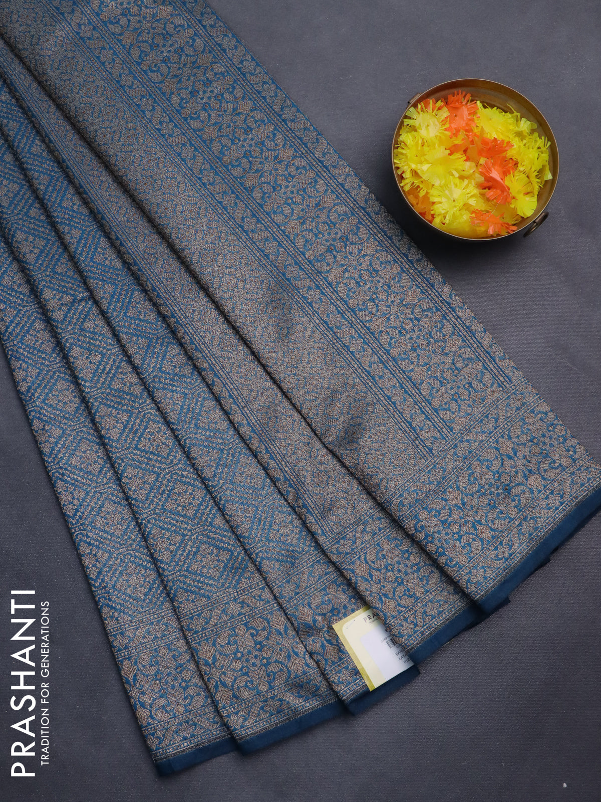 Banarasi semi silk saree peacock blue with allover thread & zari weaves and woven border