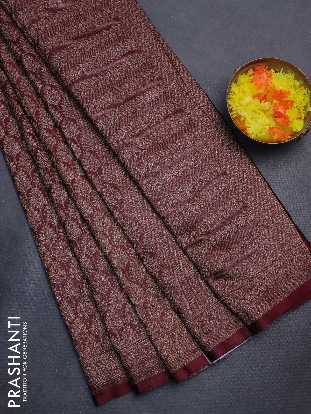 Banarasi semi silk saree wine shade with allover thread & zari weaves and woven border