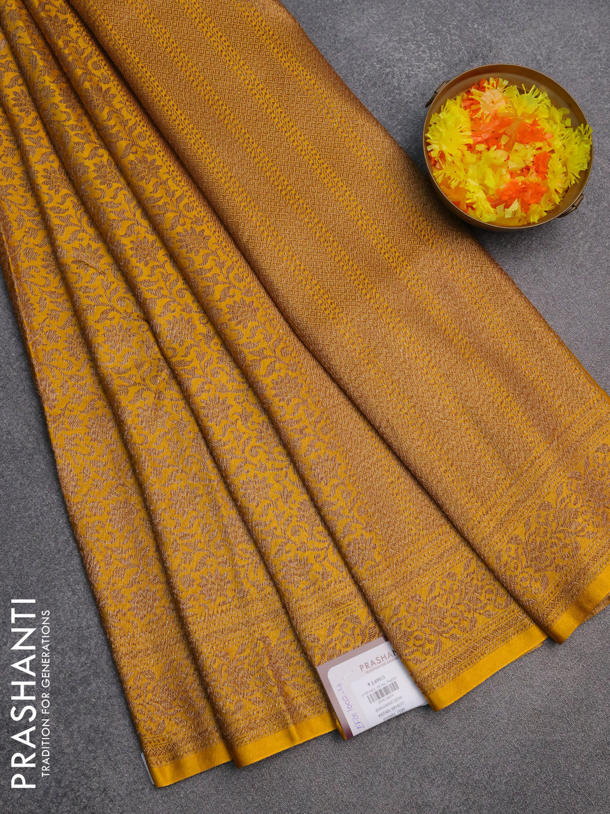 Banarasi semi silk saree yellow with allover thread & zari woven butta weaves and woven border