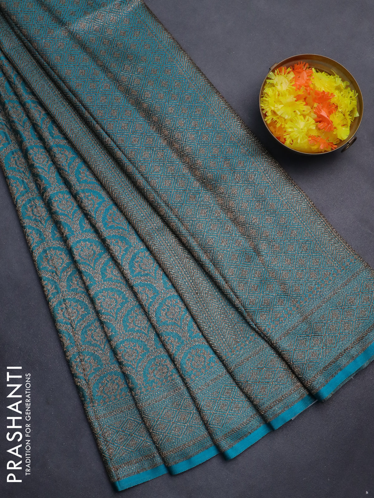 Banarasi semi silk saree teal blue with allover thread & zari weaves and woven border