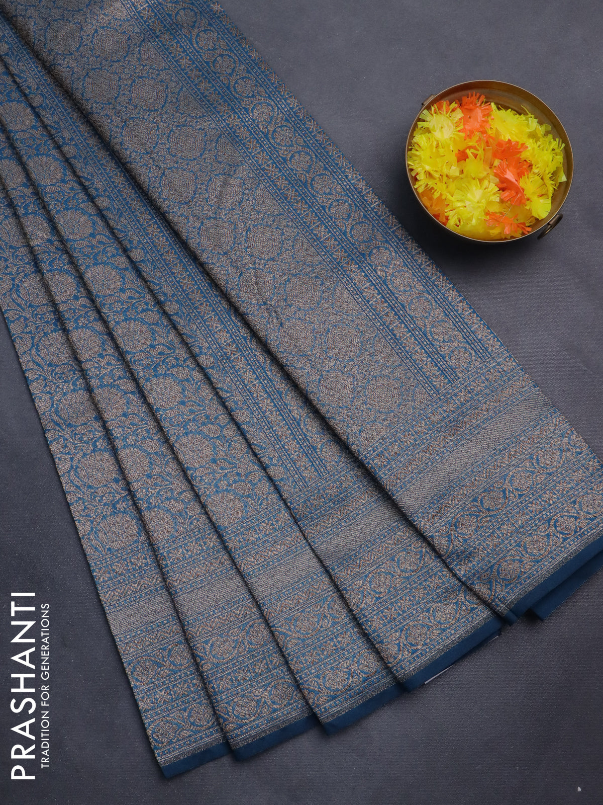 Banarasi semi silk saree peacock blue with allover thread & zari weaves and woven border