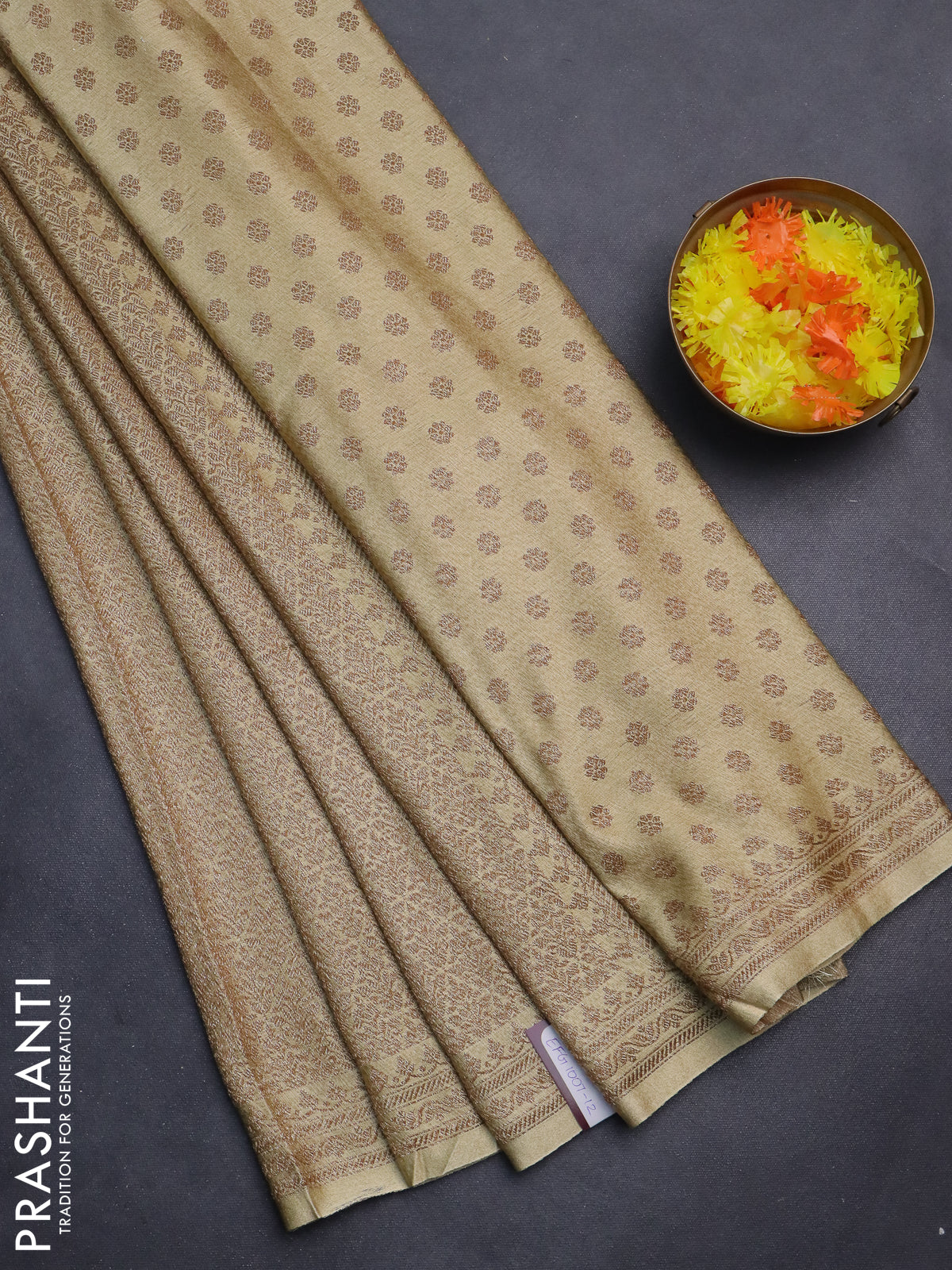 Banarasi semi silk saree pale yellow with allover thread & zari weaves and woven border