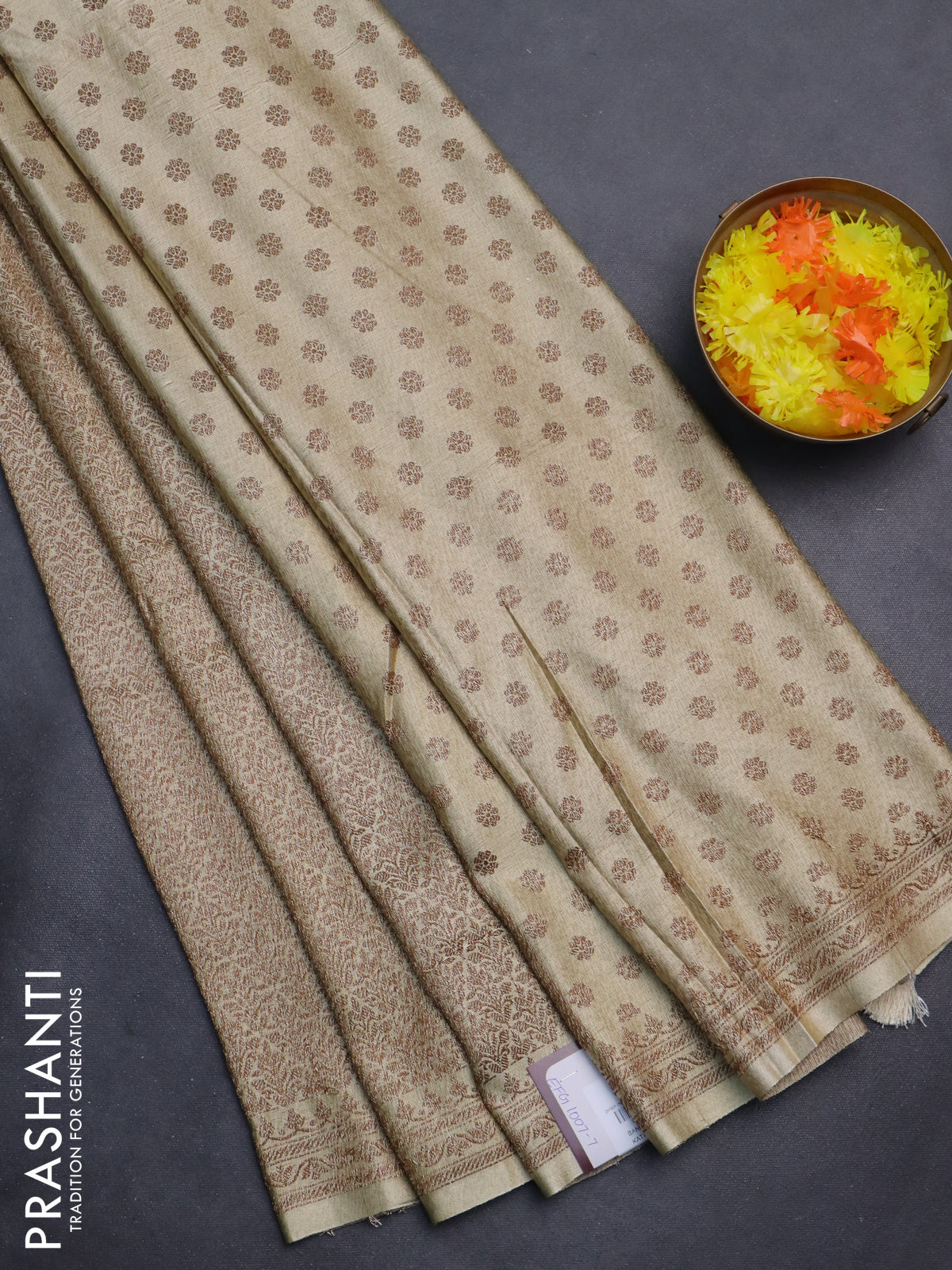 Banarasi semi silk saree cream with allover thread & zari weaves and woven border