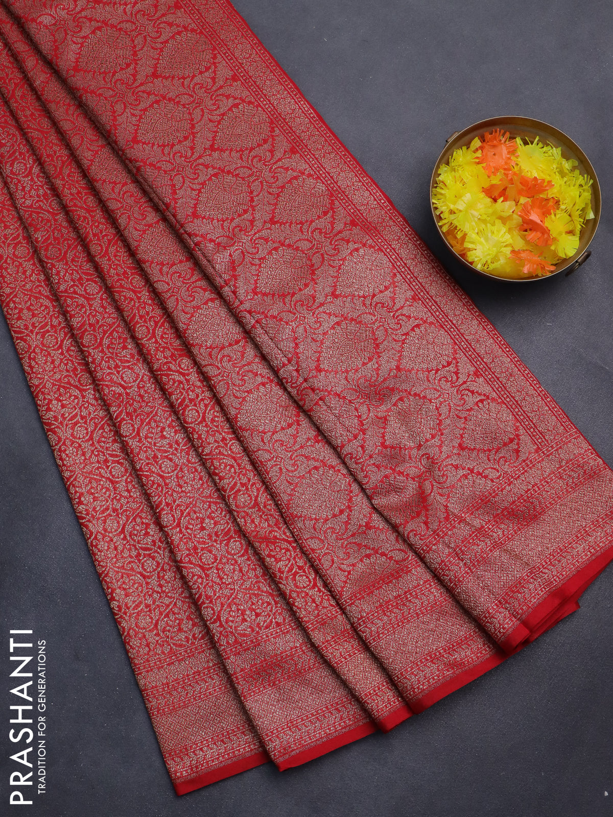 Banarasi semi silk saree red with allover thread & zari weaves and woven border