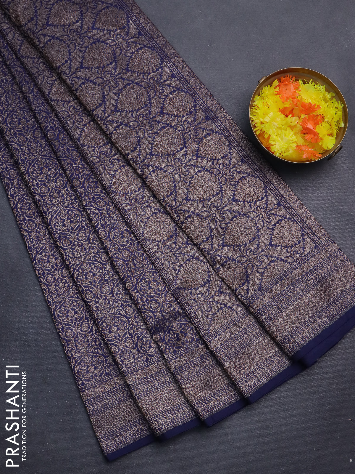 Banarasi semi silk saree navy blue with allover thread & zari weaves and woven border