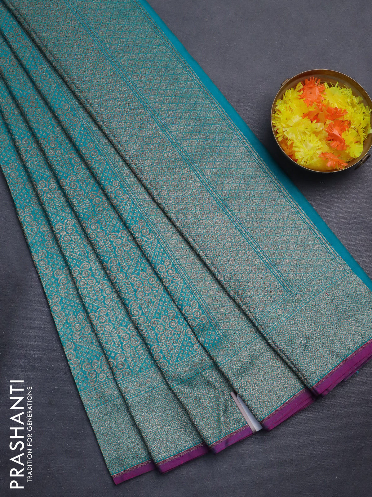 Banarasi semi silk saree teal green with allover thread & zari weaves and woven border