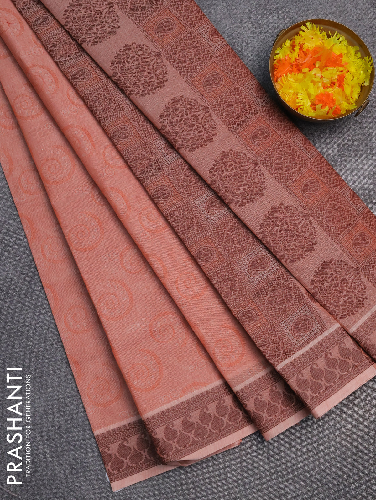 Coimbatore cotton saree rust shade and coffee brown with allover self emboss and thread woven border