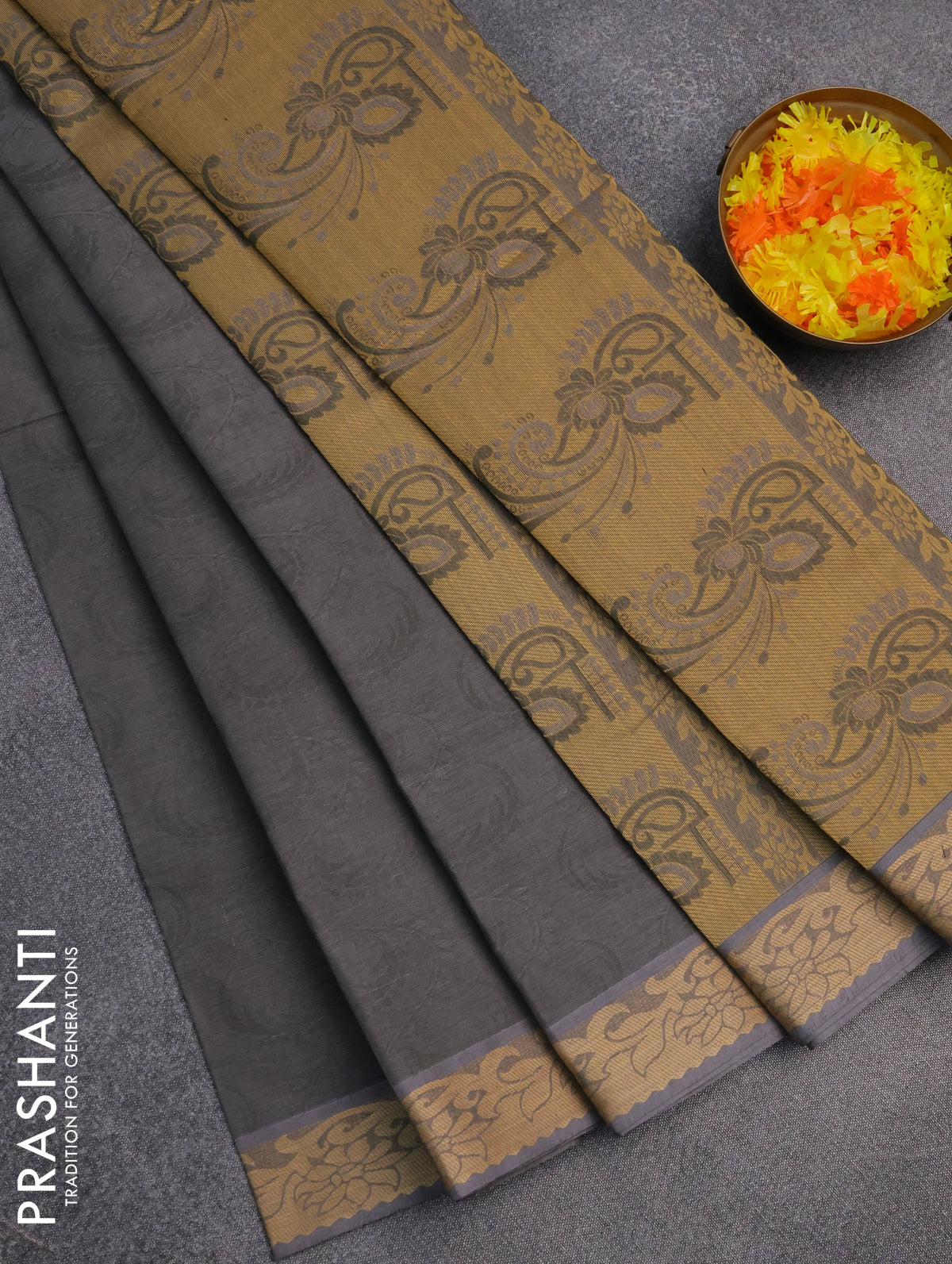 Coimbatore cotton saree grey and sandal with allover self emboss and thread woven border