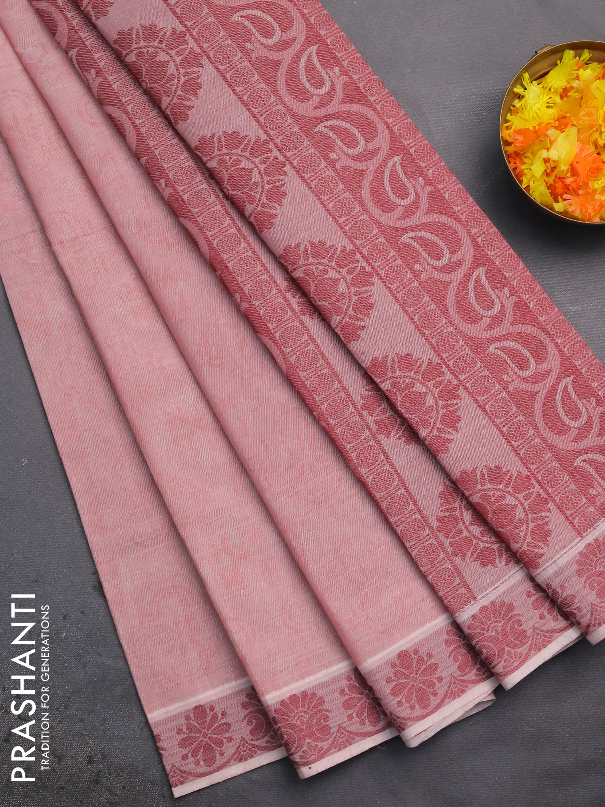 Coimbatore cotton saree pastel pink and maroon with allover self emboss and thread woven border