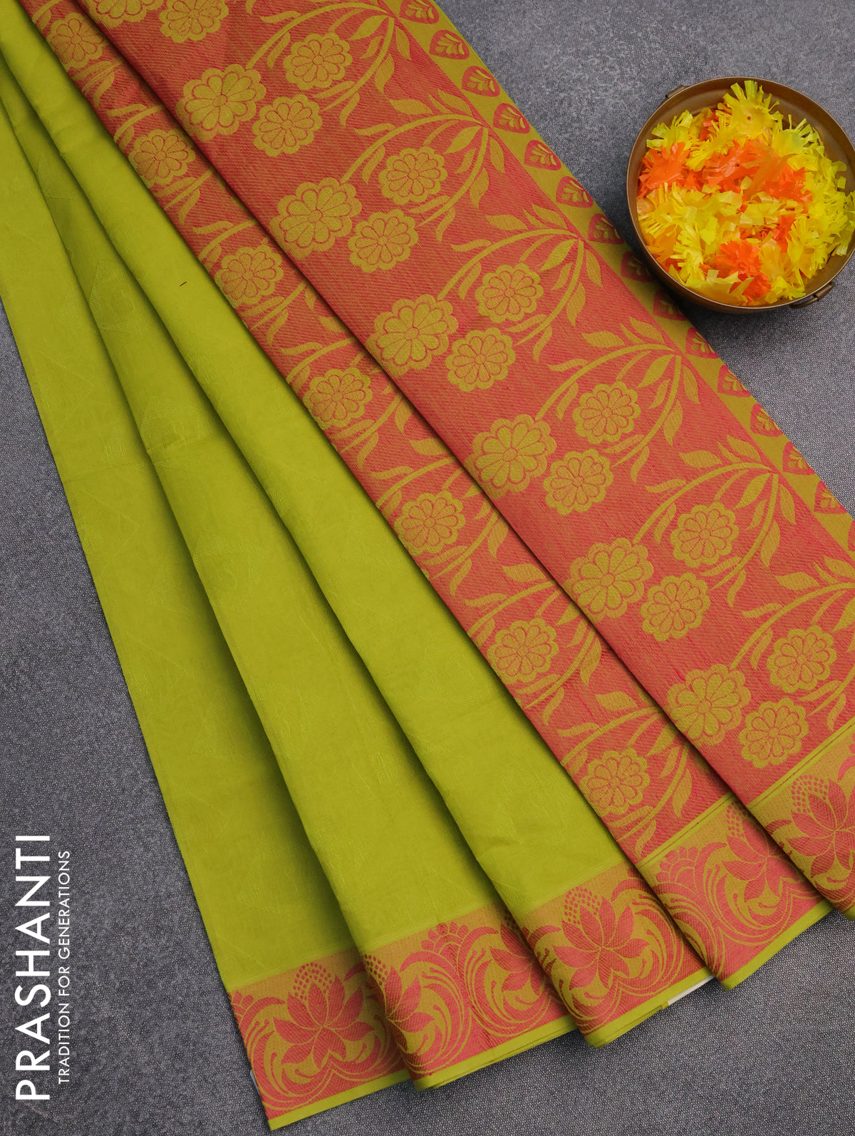 Coimbatore cotton saree fluorescent green and pink with allover self emboss and thread woven border