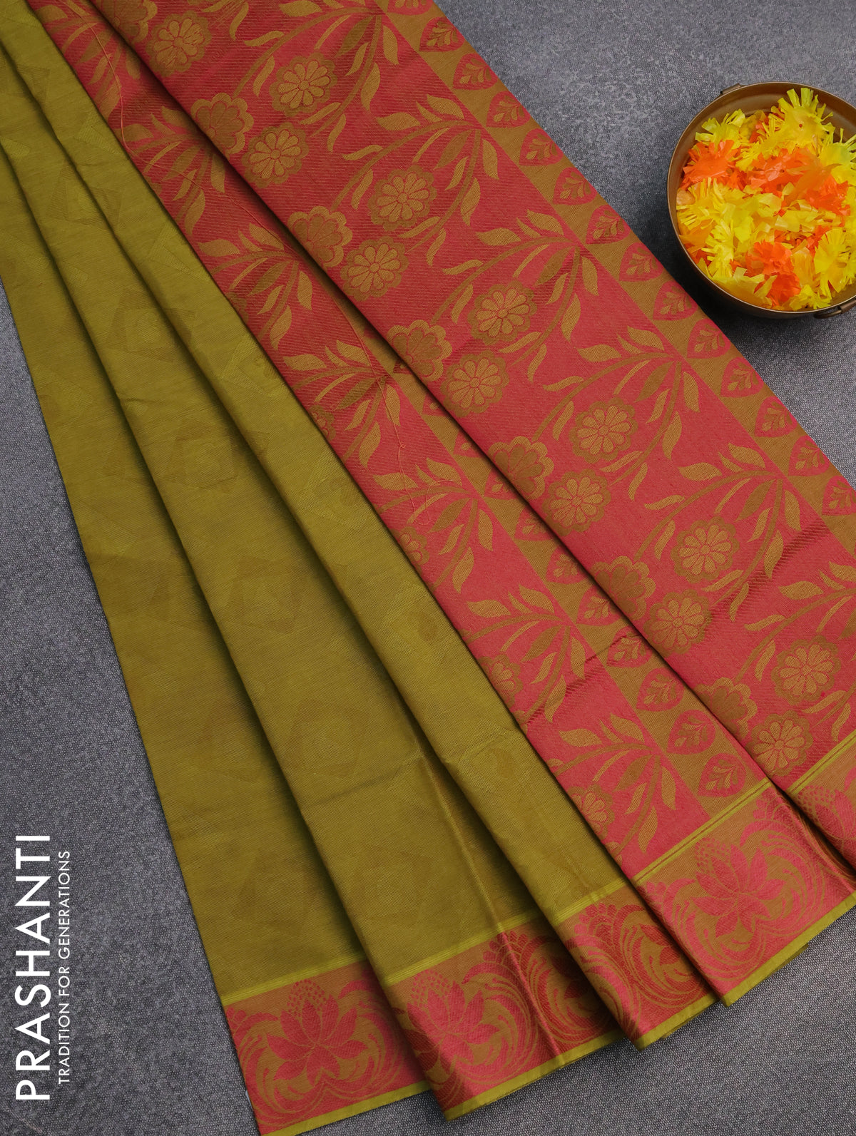 Coimbatore cotton saree mustard green and pink with allover self emboss and thread woven border