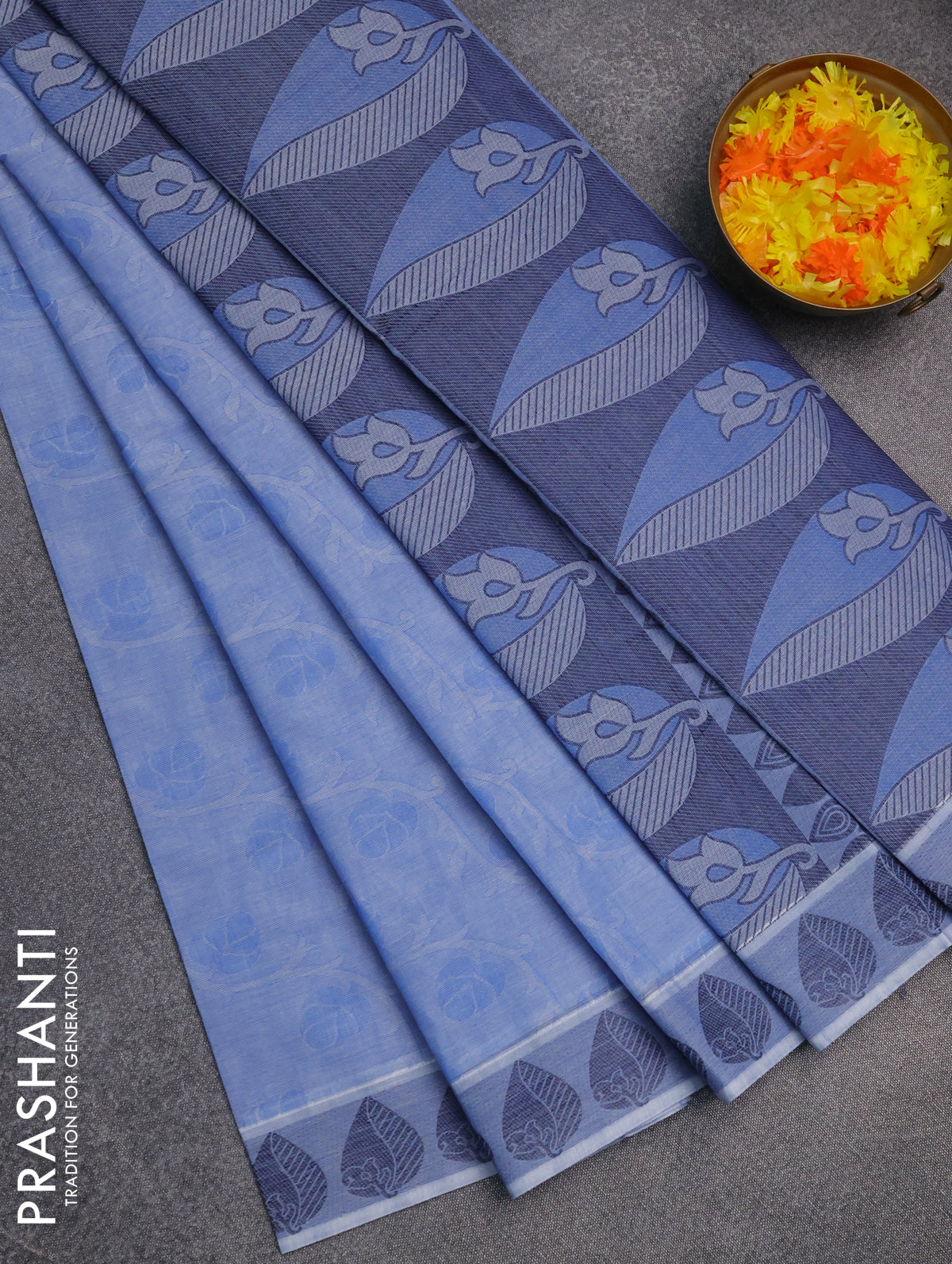 Coimbatore cotton saree blue shade with allover self emboss and thread woven border