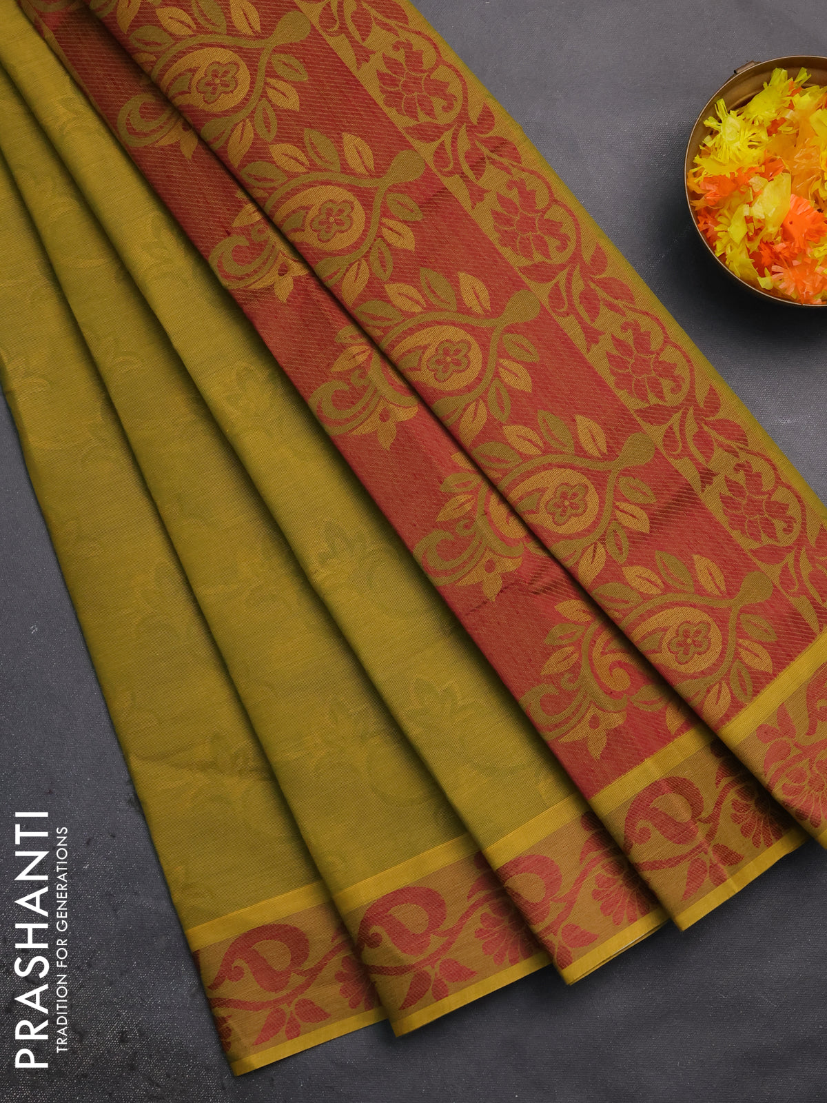 Coimbatore cotton saree mustard green and pink with allover self emboss and thread woven border
