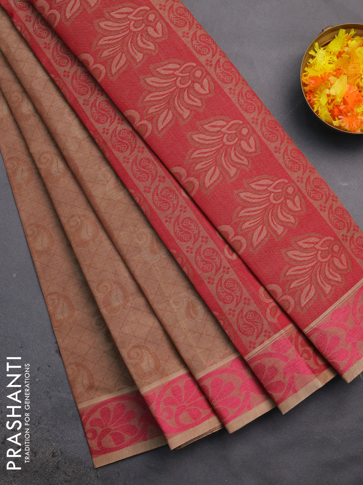 Coimbatore cotton saree pastel brown and pink with allover self emboss and thread woven border