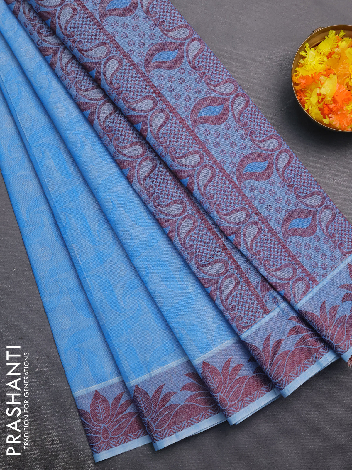 Coimbatore cotton saree blue and maroon with allover self emboss and thread woven border