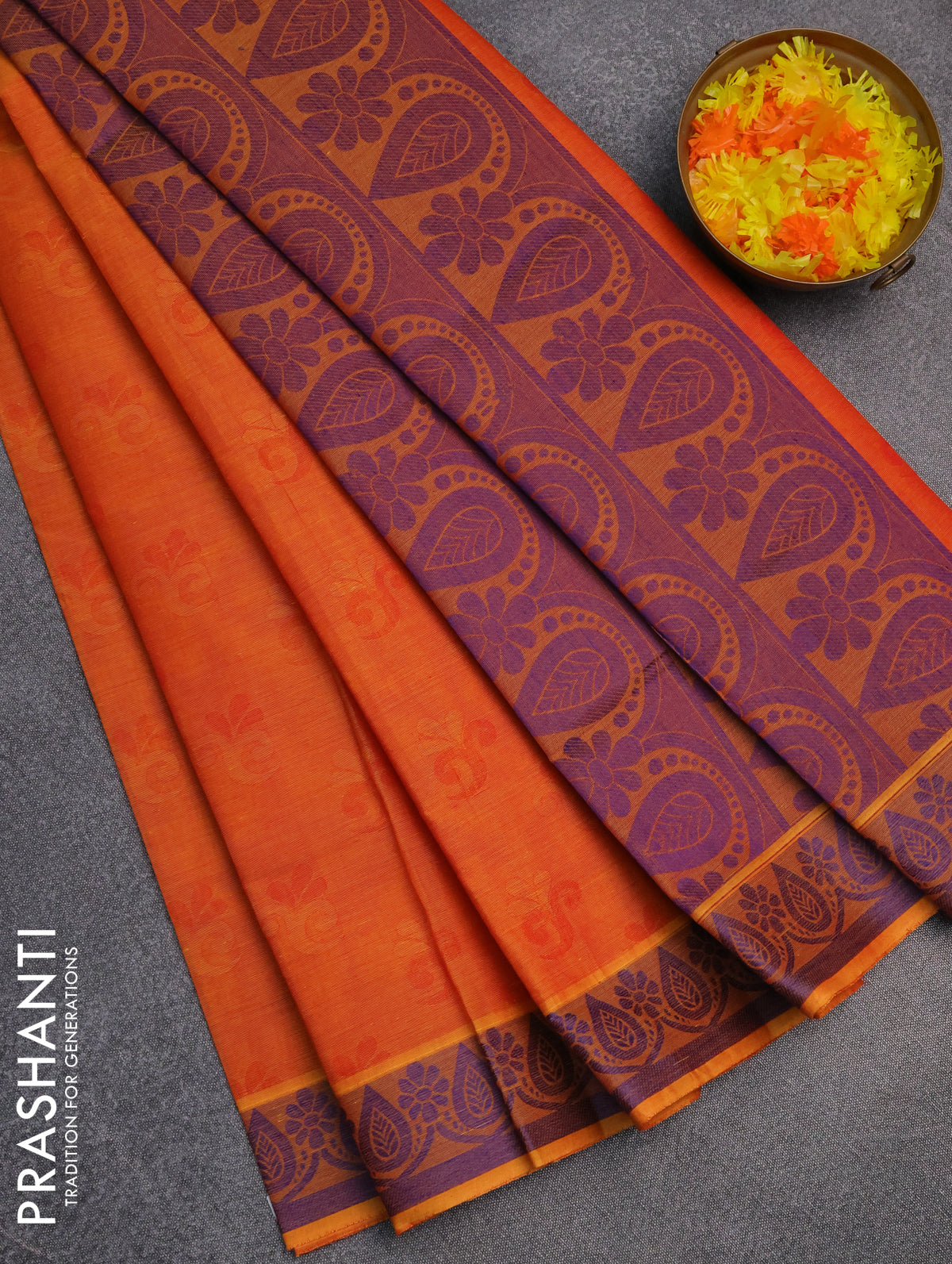 Coimbatore cotton saree dual shade of sunset orange and blue with allover self emboss and thread woven border