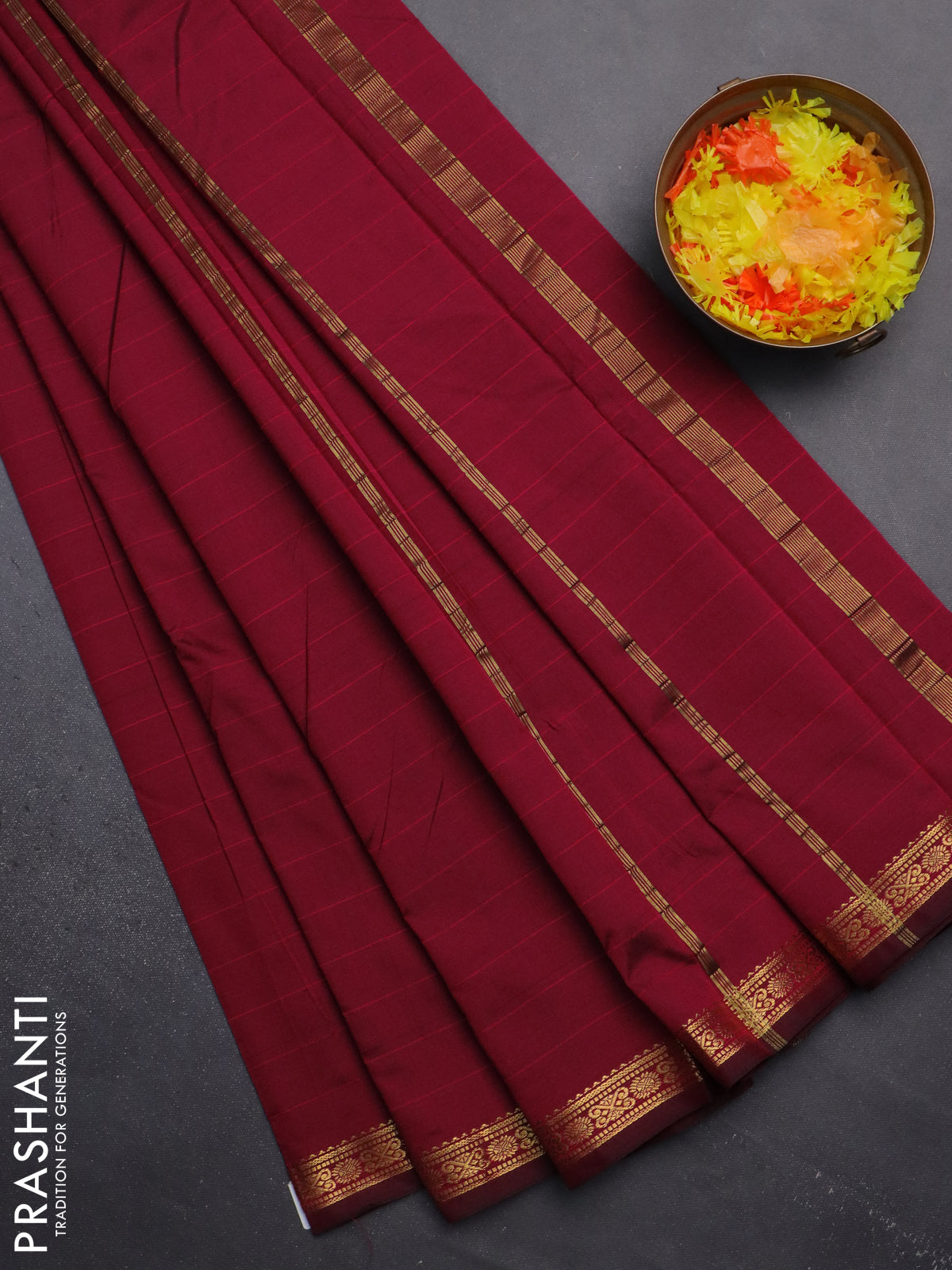 Arani semi silk saree dark pink with plain body and zari woven border