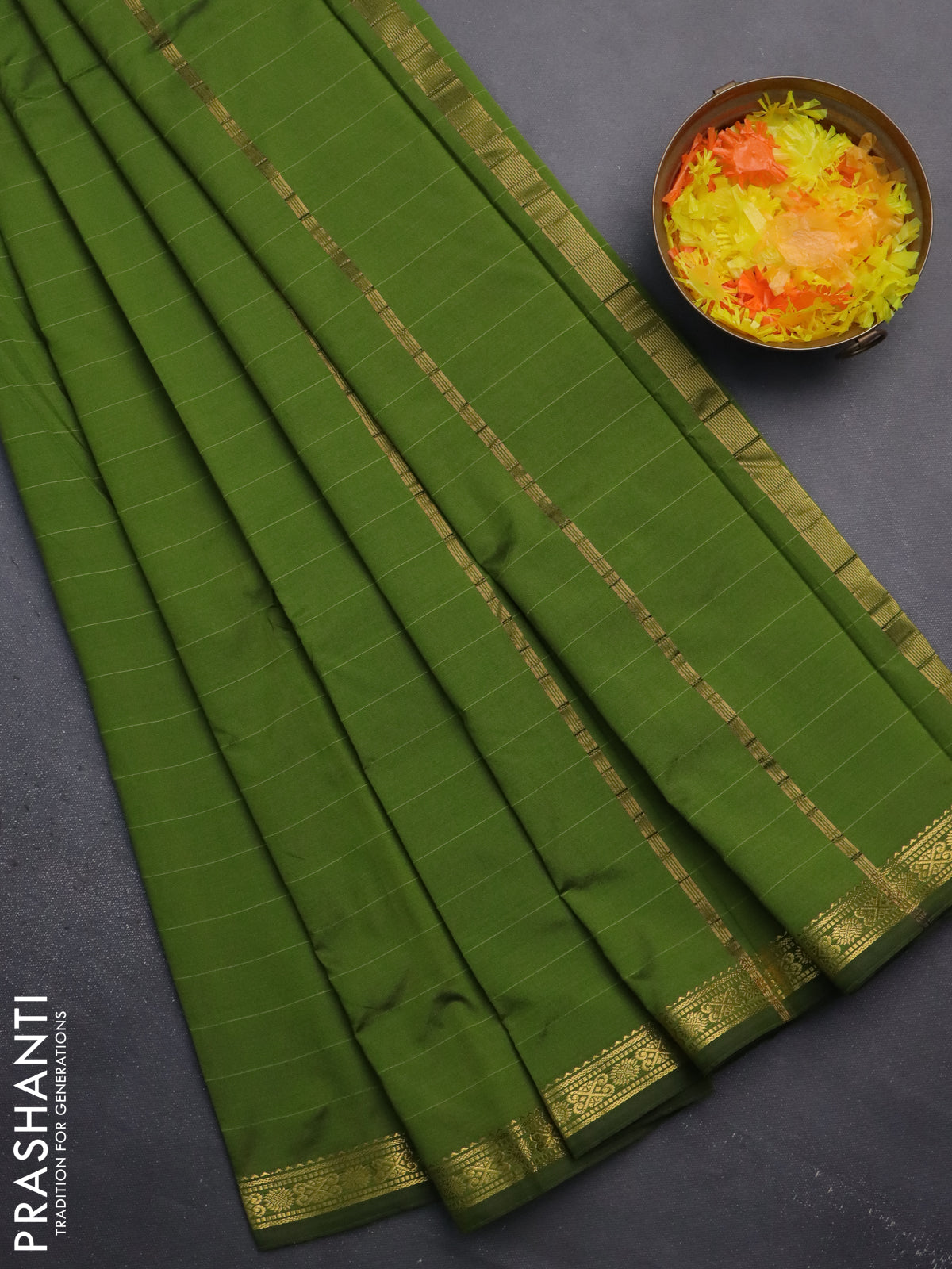 Arani semi silk saree sap green with plain body and zari woven border