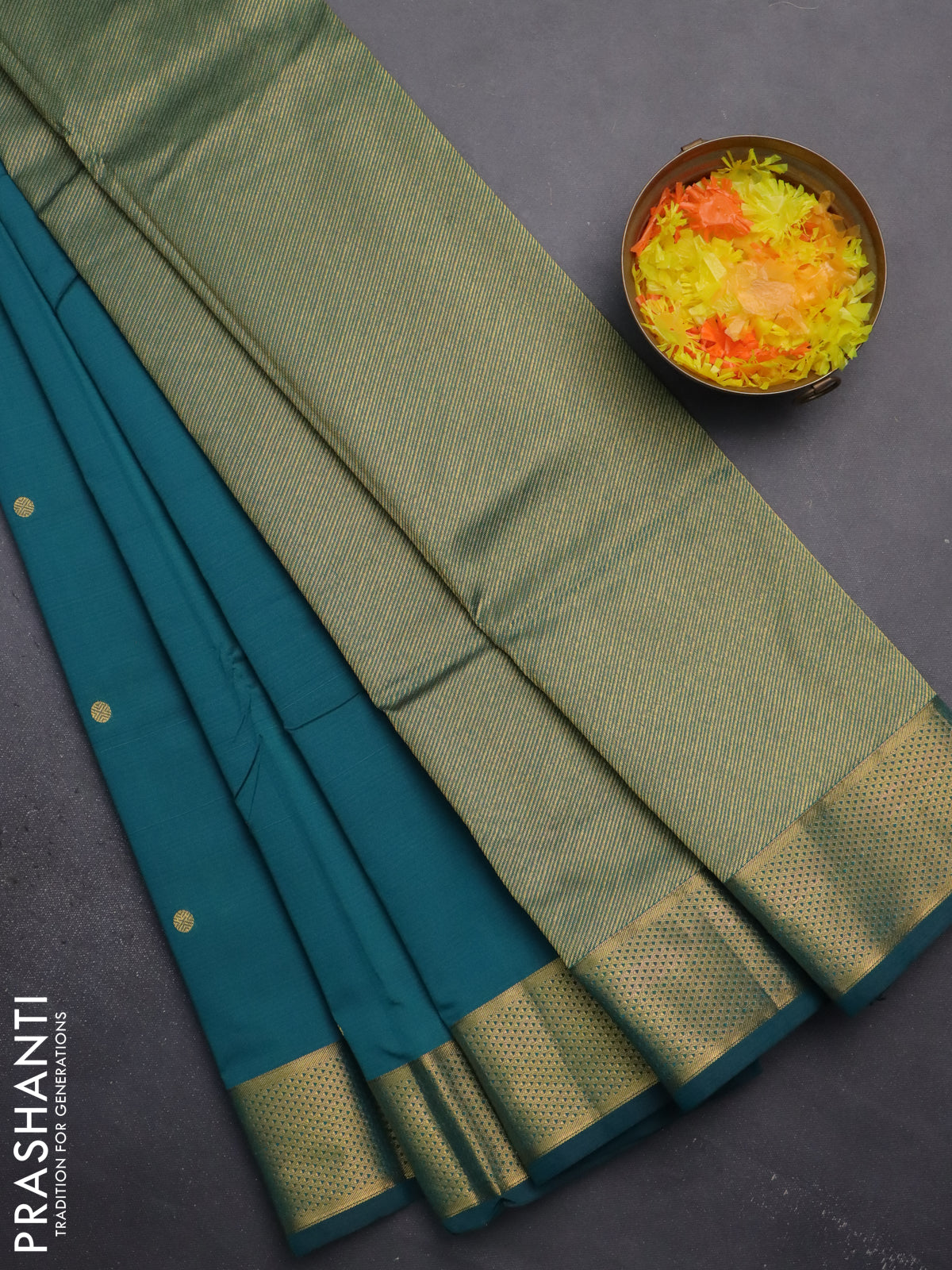 Arani semi silk saree peacock green with zari woven buttas and zari woven border
