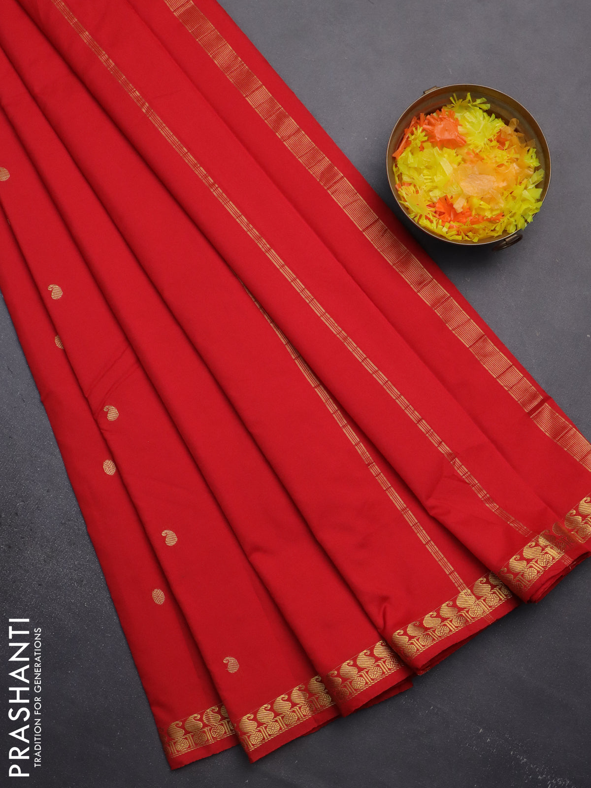 Arani semi silk saree red with rudhraksha & paisley zari woven buttas and zari woven border