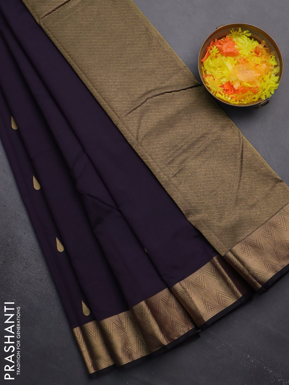 Arani semi silk saree jamun shade with zari woven thilak buttas and zari woven border