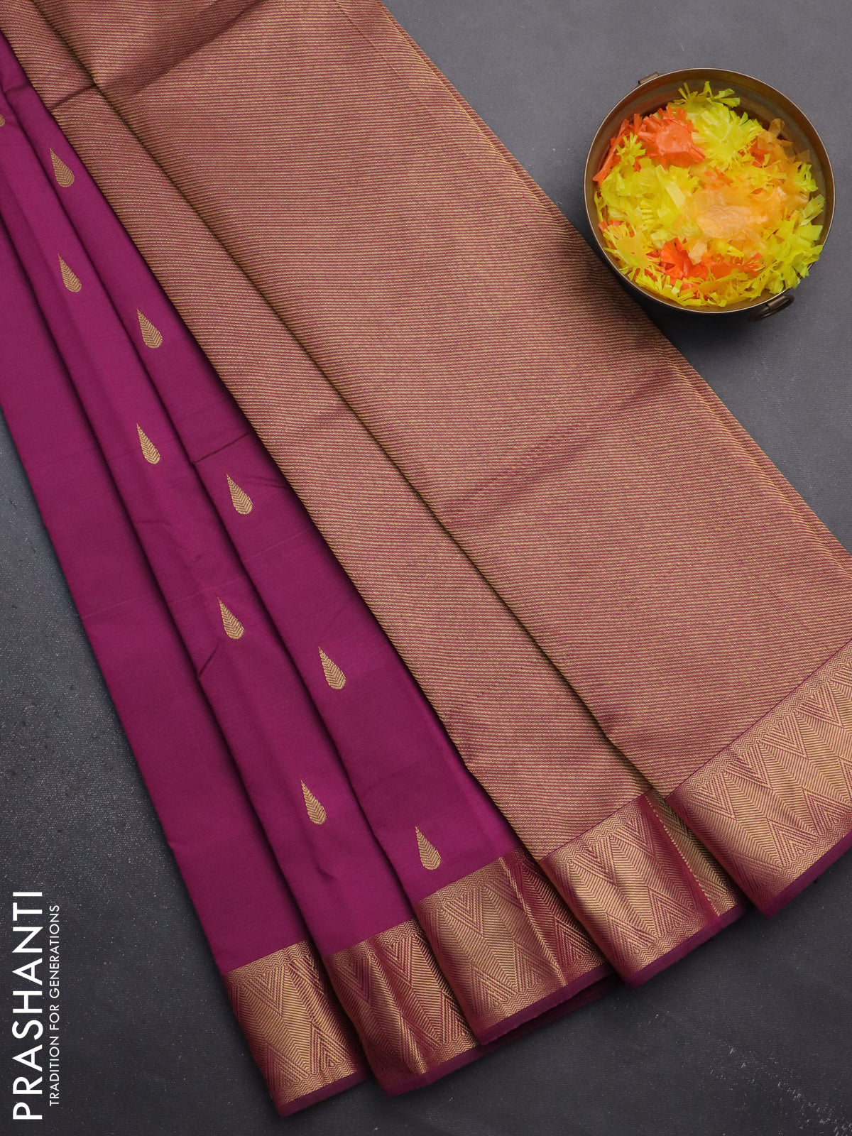 Arani semi silk saree magenta pink with zari woven thilak buttas and zari woven border