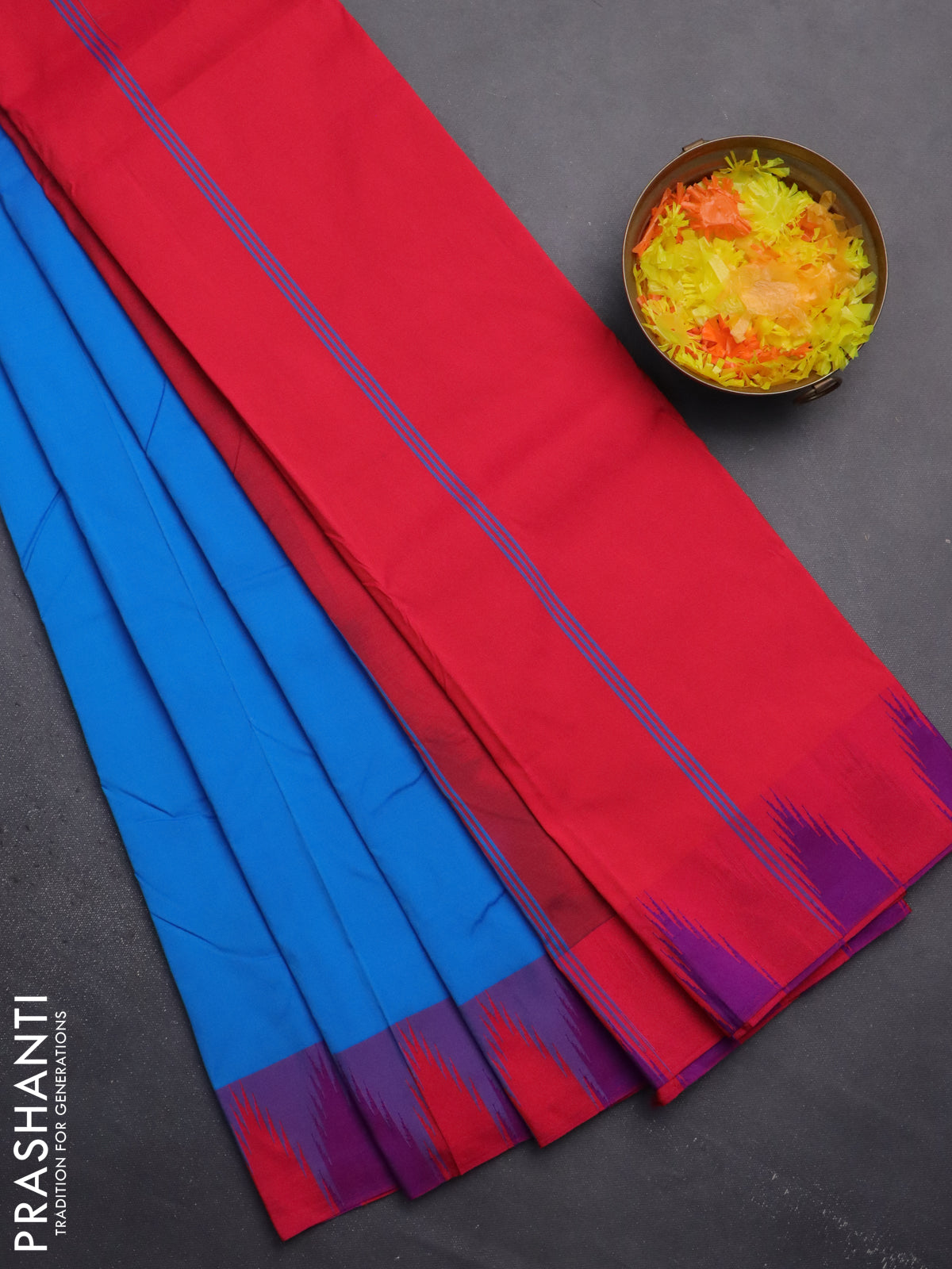 Arani semi silk saree cs blue and dual shade of purple with plain body and temple design border