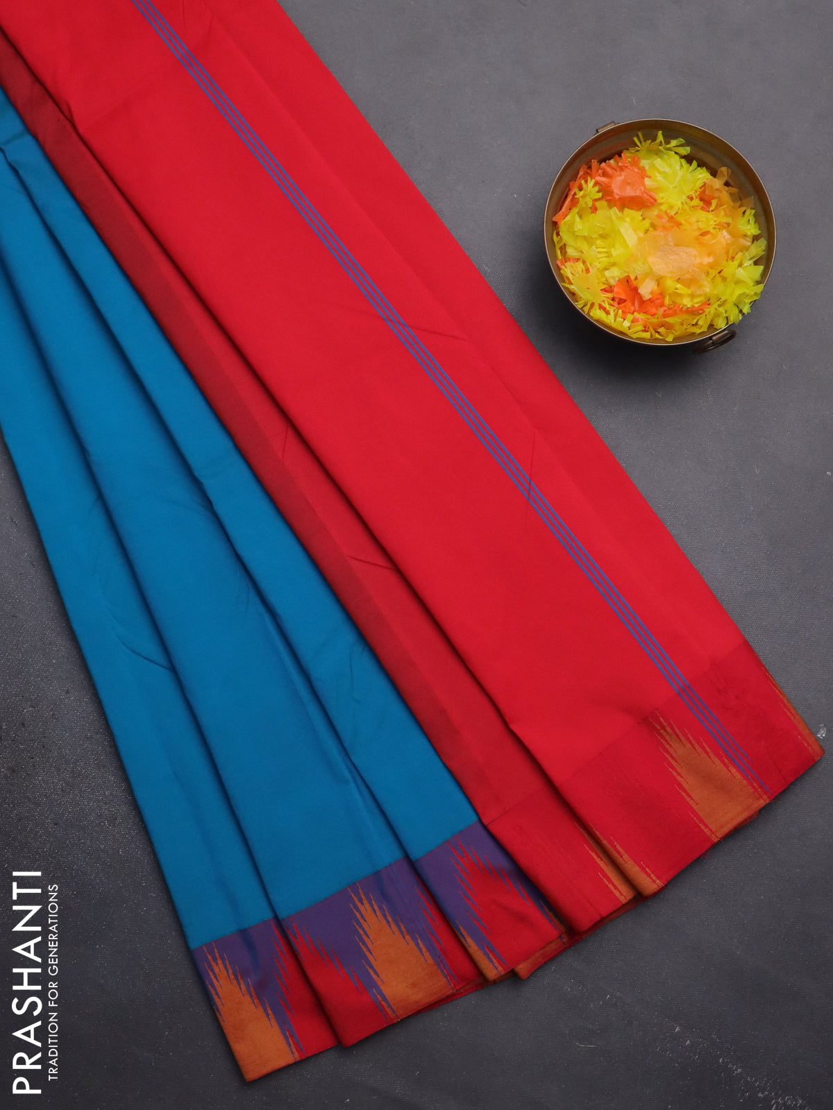 Arani semi silk saree teal blue and pink with plain body and temple design border