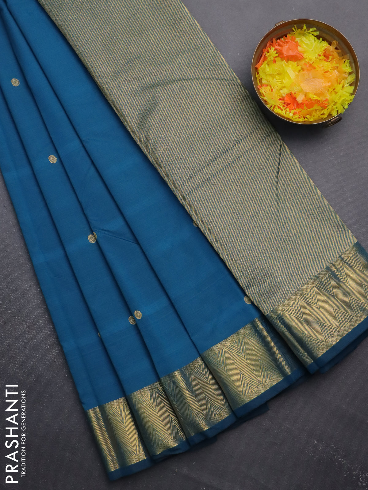 Arani semi silk saree peacock blue with zari woven rudhraksha buttas and zari woven border