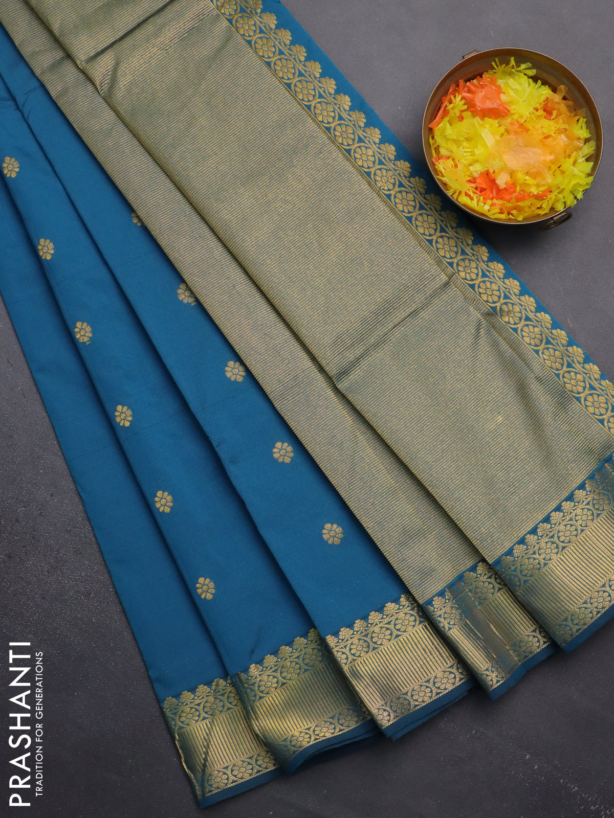 Arani semi silk saree peacock blue with zari woven floral buttas and zari woven border