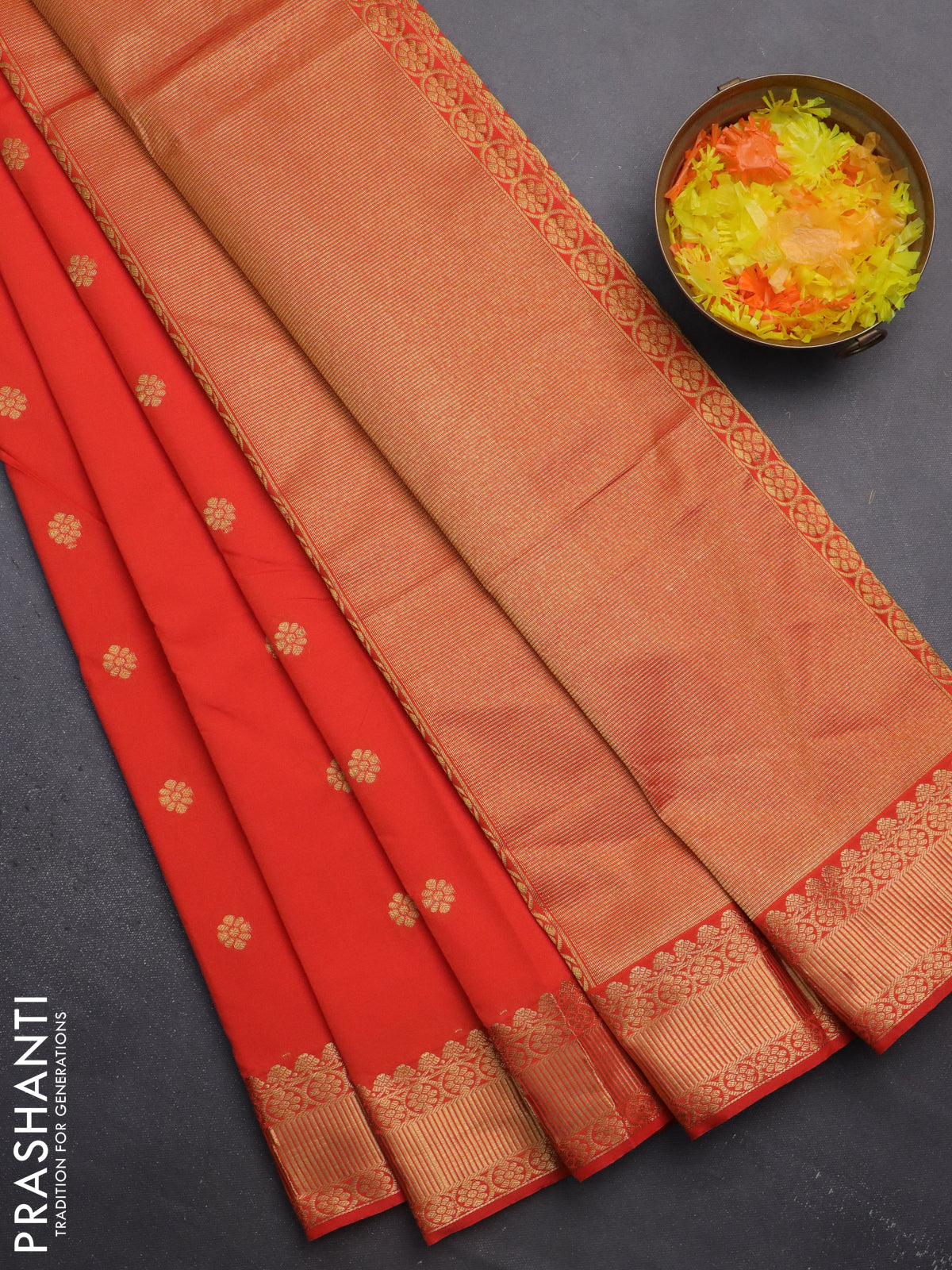 Arani semi silk saree orange with zari woven floral buttas and zari woven border