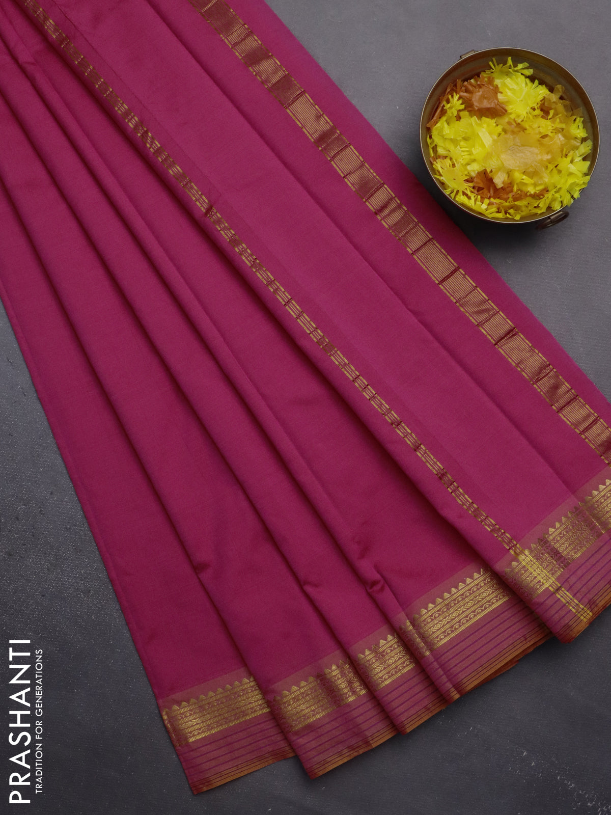 Arani semi silk saree pink and dual shade of yellow with plain body and zari woven simple border