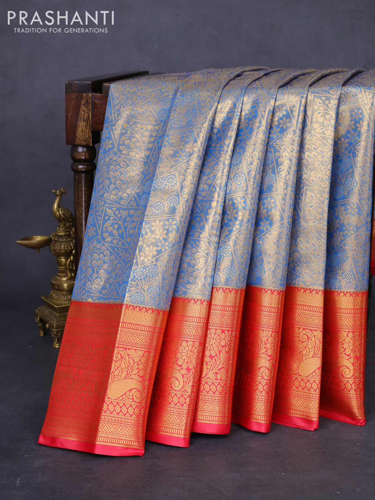 Bangalori tissue silk saree blue and reddish pink with allover zari woven brocade weaves and long zari woven border