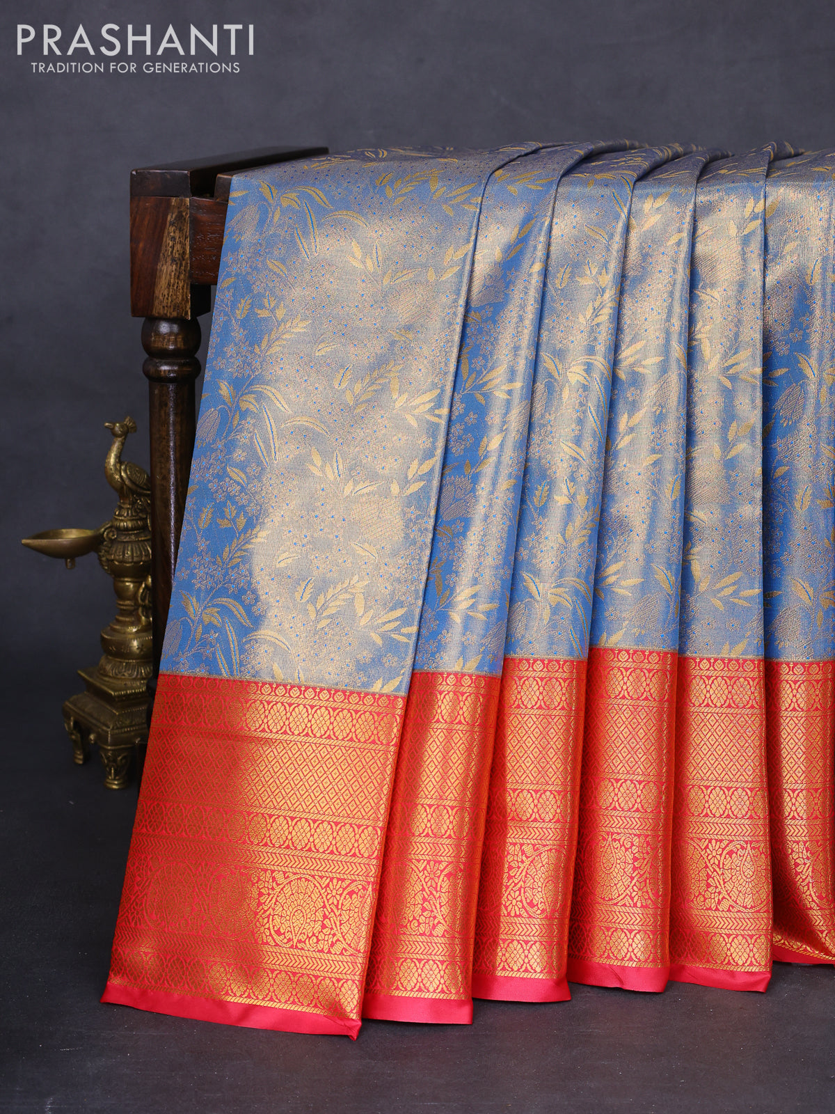 Bangalori tissue silk saree dual shade of blue and pink with allover zari woven brocade weaves and long zari woven border