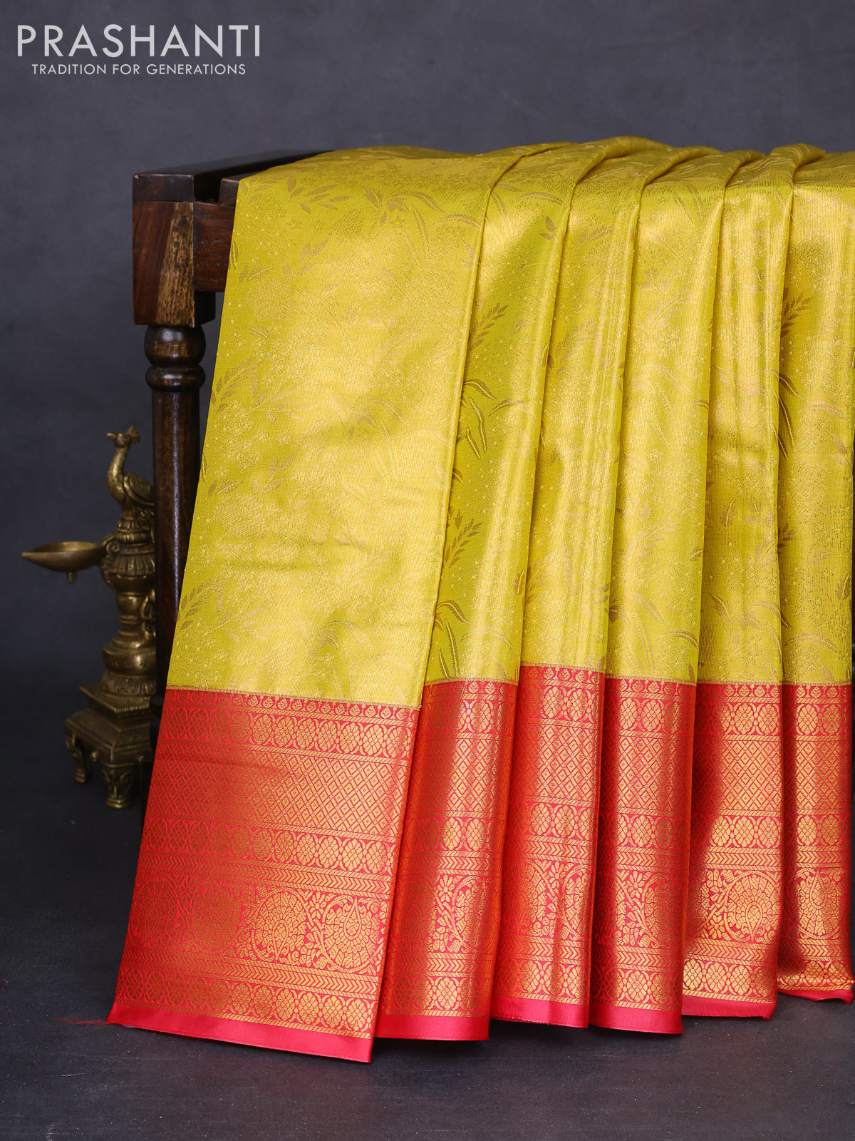 Bangalori tissue silk saree yellow and pink with allover zari woven brocade weaves and long zari woven border