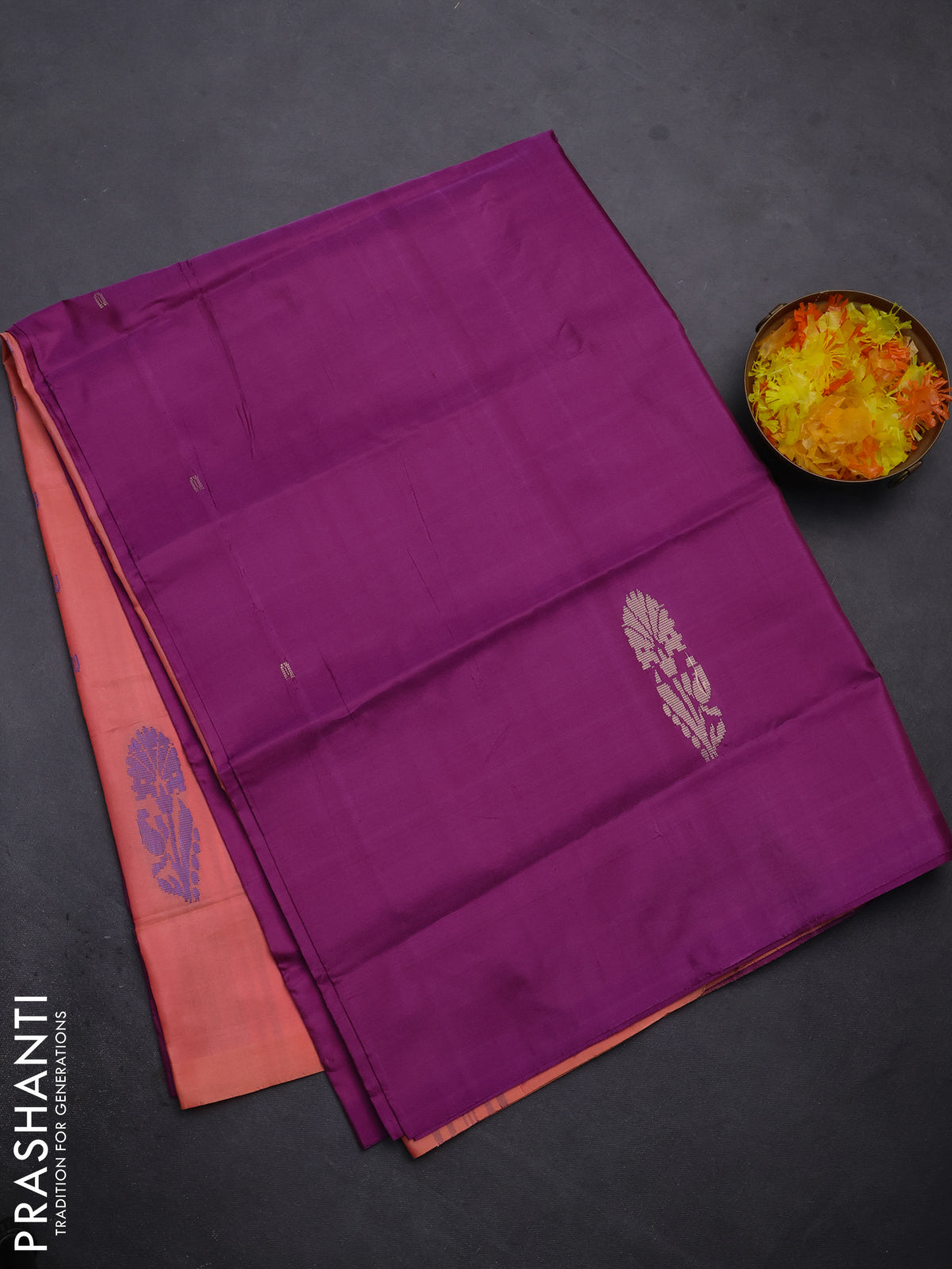 Banana pith saree purple and peach orange with thread woven buttas in borderless style