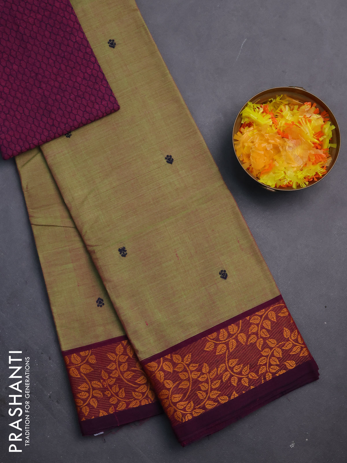 Chettinad cotton saree light green and dark magenta pink with thread woven buttas and leaf design border