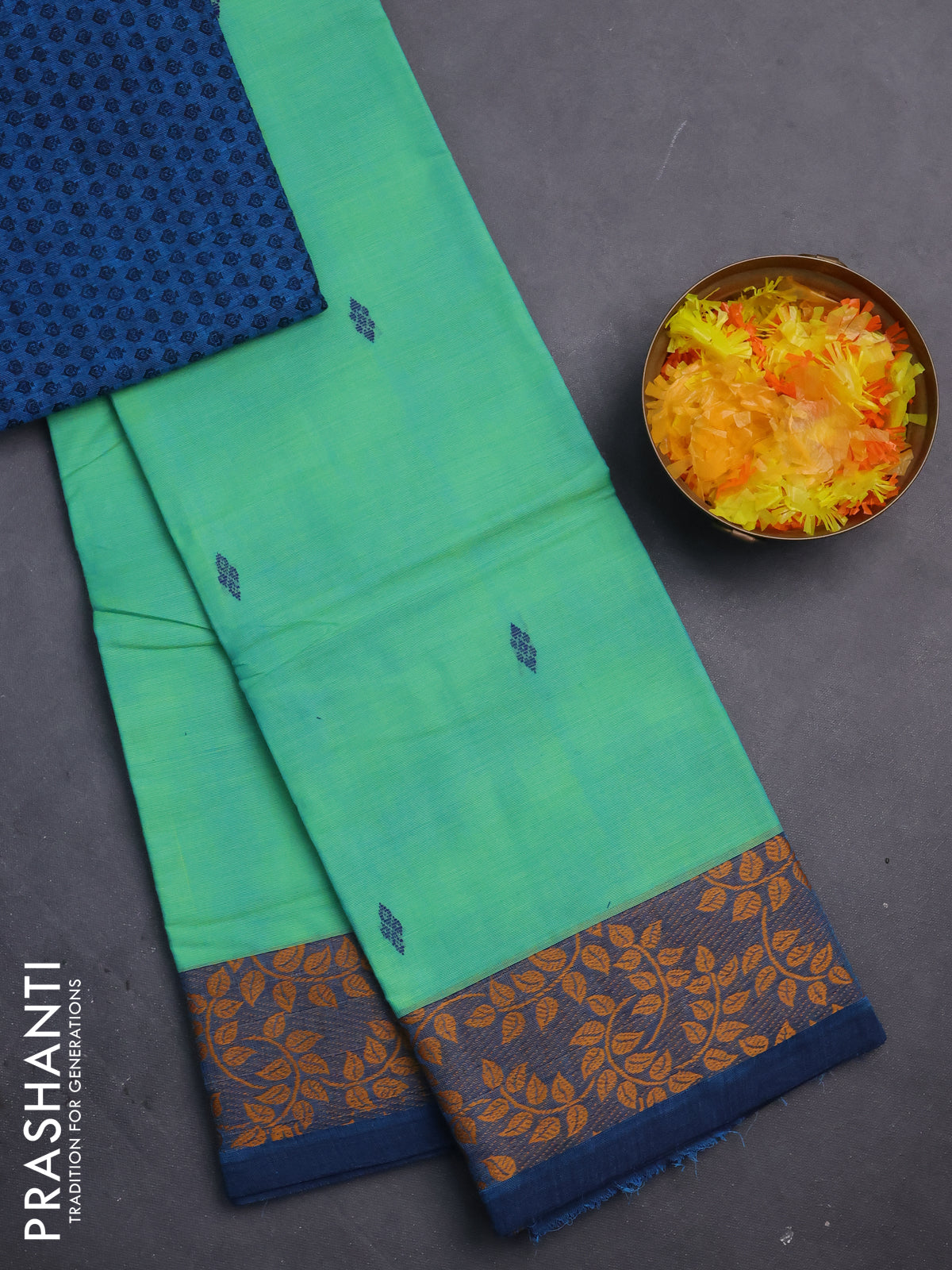 Chettinad cotton saree light green and peacock blue with thread woven buttas and leaf design border
