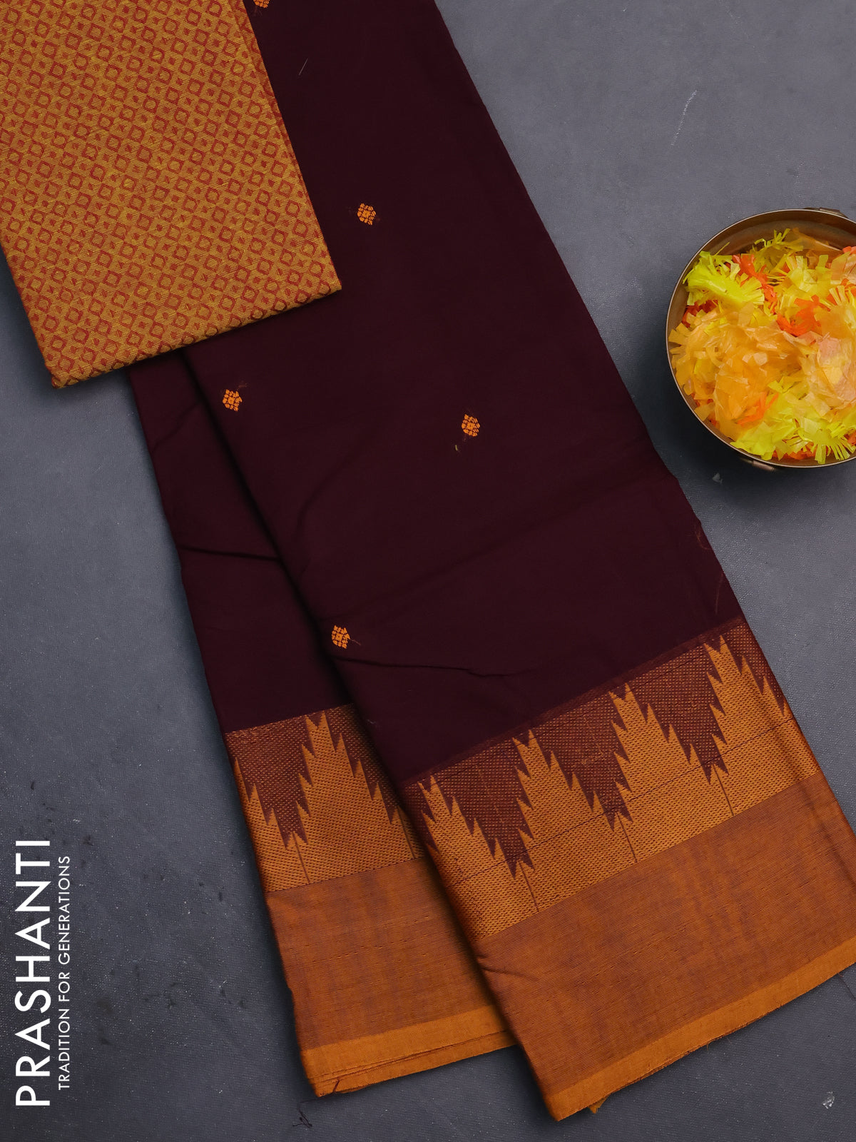 Chettinad cotton saree wine shade and dark mustard with thread woven buttas and temple thread woven simple border