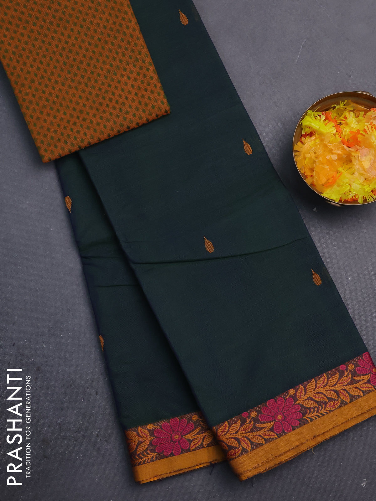 Chettinad cotton saree dual shade of bluish green and dark mustard with thread woven buttas and thread woven border