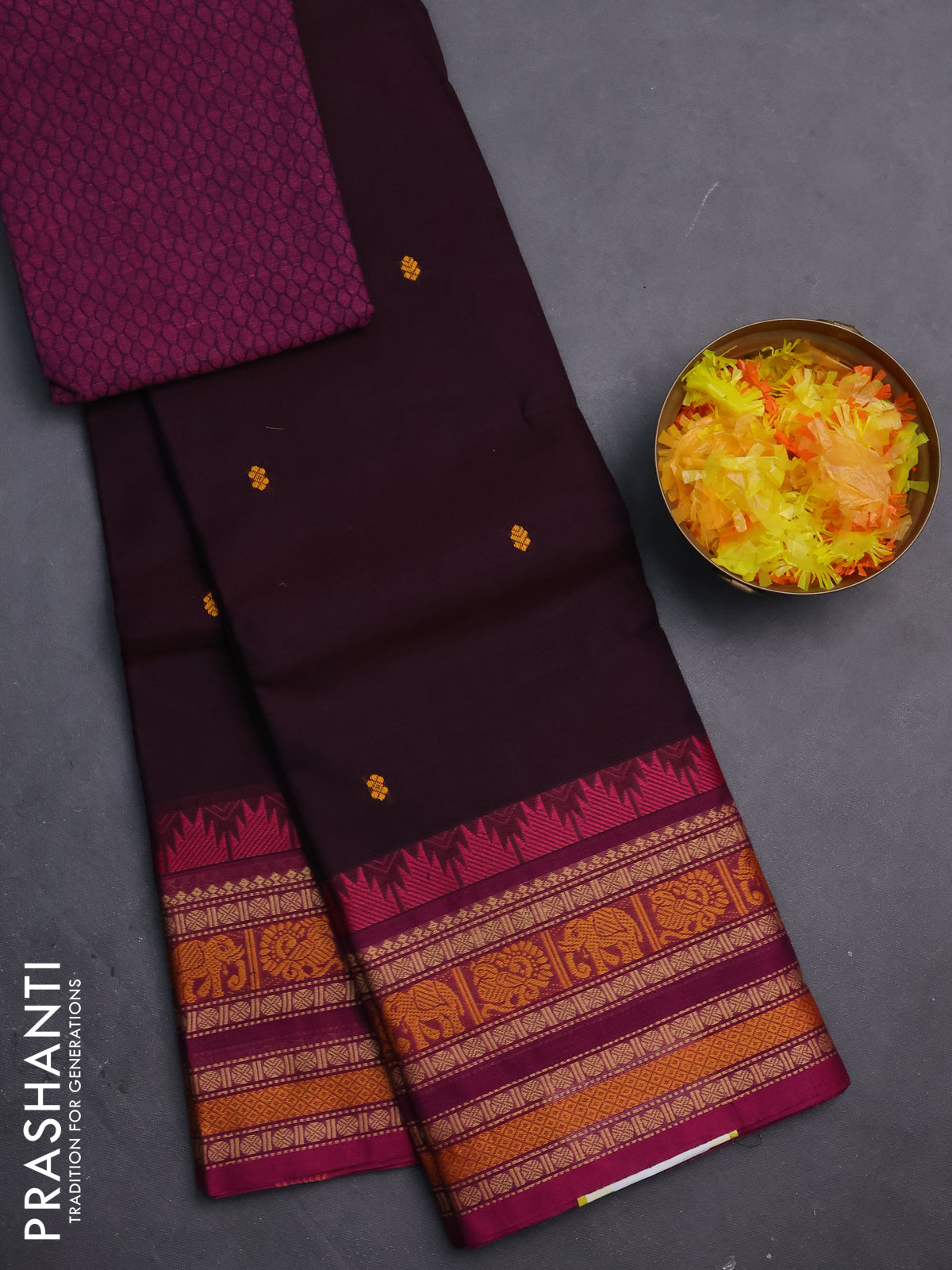 Chettinad cotton saree wine shade and dark magenta pink with thread woven buttas and thread woven border