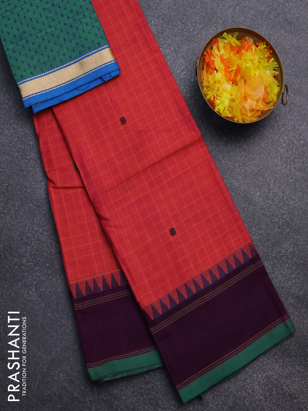 Chettinad cotton saree peach pink and deep purple with allover checked pattern & thread buttas and simple border