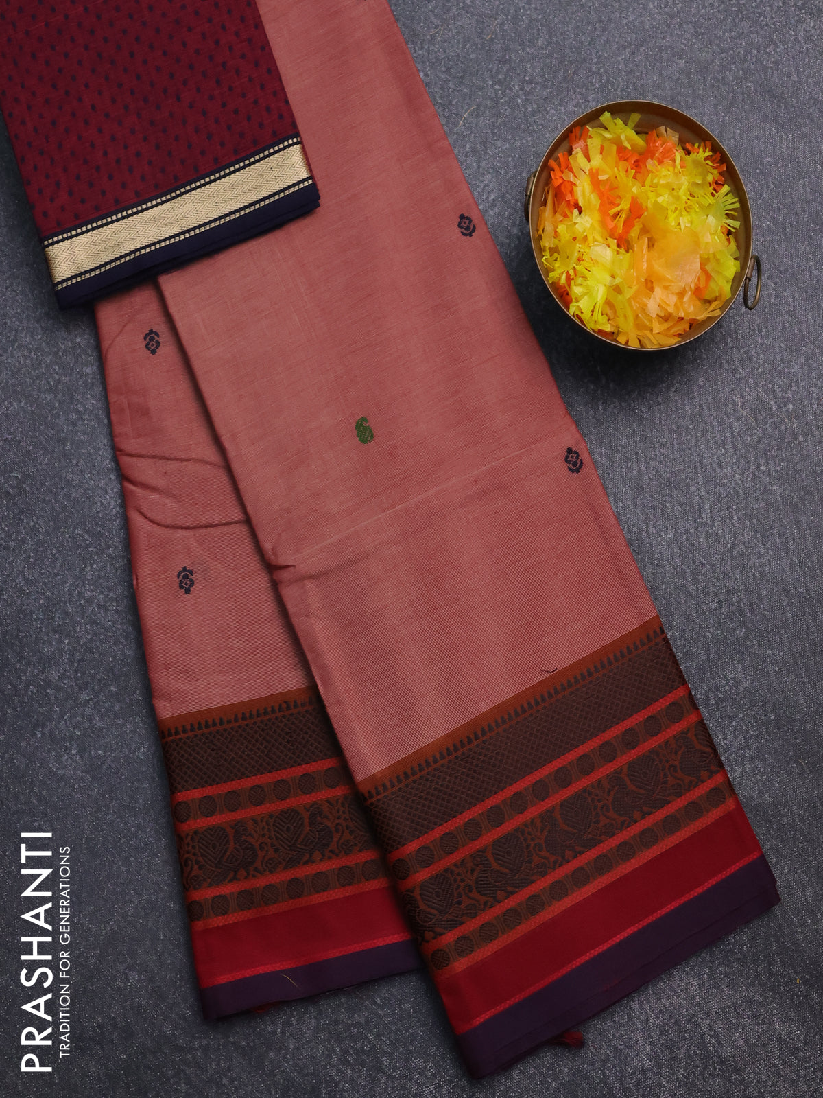 Chettinad cotton saree pastel maroon and brown with thread woven buttas and thread woven border